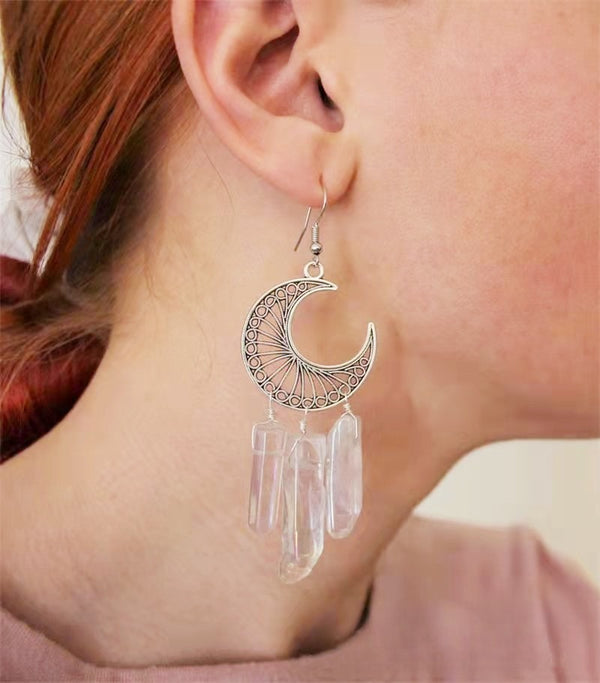 Pure Handmade Natural Crystal Personalized Mushroom Circle Natural Crystal Moon Earrings