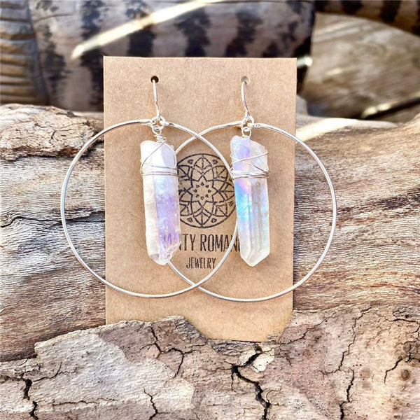 Natural transparent quartz crystal raw crystal hoop angel earrings