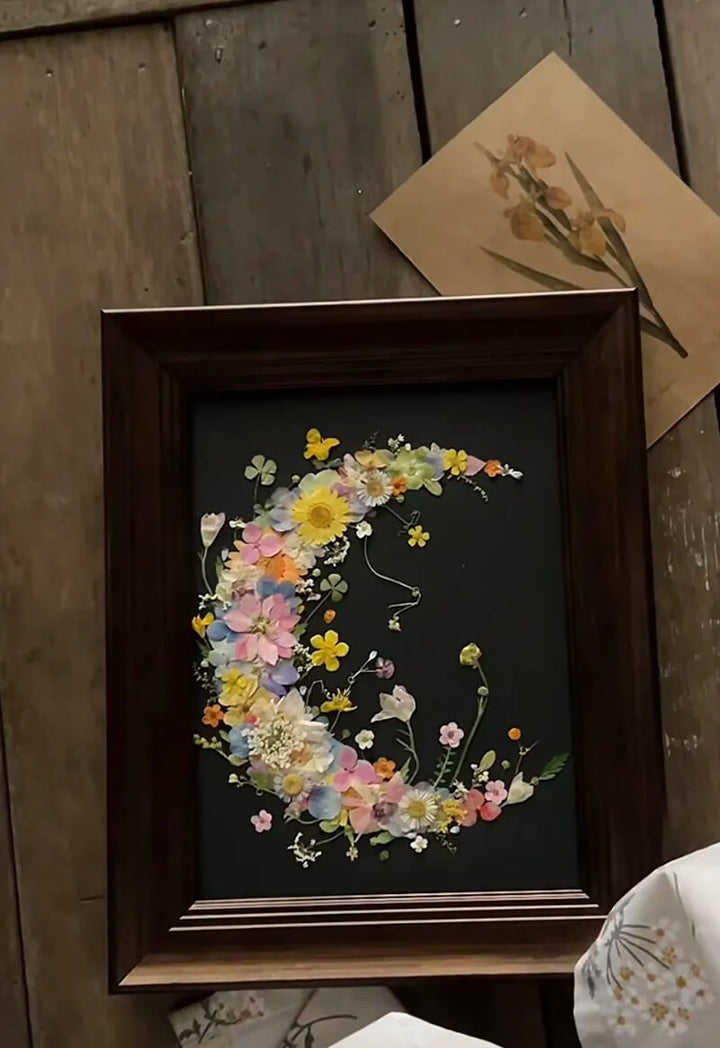 Whimsical pressed flower frame with real dried flowers